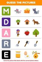 Education game for children guess the correct picture for phonic word that starts with letter M D A R and E printable farm worksheet vector