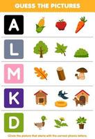 Education game for children guess the correct picture for phonic word that starts with letter A L M K and D printable farm worksheet vector