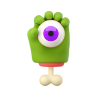 mão de zumbi 3D em estilo cartoon de plástico. palmas de personagem de halloween monstro verde com ossos segurando o globo ocular violeta. renderização isolada de alta qualidade