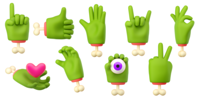 Mãos de zumbi 3D definidas no estilo de desenho animado de plástico. diferentes dedos e gesto de palma. palmas de personagem de halloween monstro verde com ossos. renderização isolada de alta qualidade png
