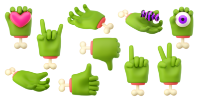 Manos de zombi 3d puestas en estilo de dibujos animados de plástico. diferentes dedos y gesto de palma. monstruo verde personaje de halloween palmas con huesos. renderizado aislado de alta calidad png