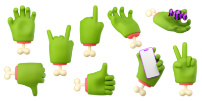 Manos de zombi 3d puestas en estilo de dibujos animados de plástico. diferentes dedos y gesto de palma. monstruo verde personaje de halloween palmas con huesos. renderizado aislado de alta calidad png