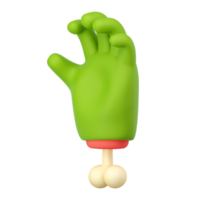 3d zombie hand i plast tecknad serie stil. hugg fingrar gest. grön monster halloween karaktär handflatan med ben. hög kvalitet isolerat framställa png