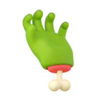 3D-Zombie-Hand im Cartoon-Stil aus Kunststoff. Fingergeste greifen. grüne monsterhalloween-charakterpalme mit knochen. hochwertiges isoliertes rendern png