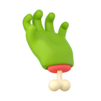 3d zombie hand in plastic cartoon style. Grab fingers gesture. Green monster Halloween character palm with bone. High quality isolated render png