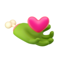 Main de zombie 3d dans un style de dessin animé en plastique. palmiers de personnage halloween monstre vert avec des os tenant un coeur rose. rendu isolé de haute qualité png