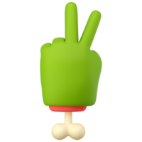 3d zombie hand in plastic cartoon style. Peace fingers gesture. Green monster Halloween character palm with bone. High quality isolated render png