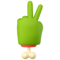 3d zombie hand- in plastic tekenfilm stijl. vrede vingers gebaar. groen monster halloween karakter palm met bot. hoog kwaliteit geïsoleerd geven png