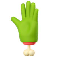 3D-Zombie-Hand im Cartoon-Stil aus Kunststoff. Hallo Geste mit offener Handfläche. fünf Finger. grüne monsterhalloween-charakterpalme mit knochen. hochwertiges isoliertes rendern png