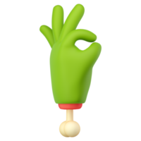 mão de zumbi 3D em estilo cartoon de plástico. ok gesto de dedos. palma de personagem de halloween monstro verde com osso. renderização isolada de alta qualidade