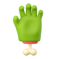 Mano zombie 3d en estilo de dibujos animados de plástico. agarrar el gesto de los dedos. monstruo verde halloween personaje palma con hueso. renderizado aislado de alta calidad png