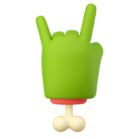 Mano zombie 3d en estilo de dibujos animados de plástico. gesto de dedos de roca. monstruo verde halloween personaje palma con hueso. renderizado aislado de alta calidad png