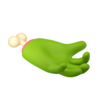 Mano zombie 3d en estilo de dibujos animados de plástico. sosteniendo el gesto de la palma. monstruo verde halloween personaje palma con hueso. renderizado aislado de alta calidad png