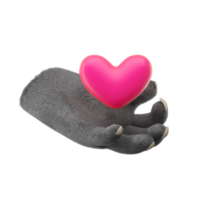 Manos de lobo peludo 3d sosteniendo corazón en estilo de dibujos animados de plástico png