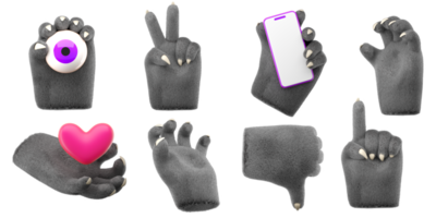 3d furry wolf hands set in plastic cartoon style. Different fingers  and palm gesture. Werewolf monster Halloween character palms. High quality isolated render
