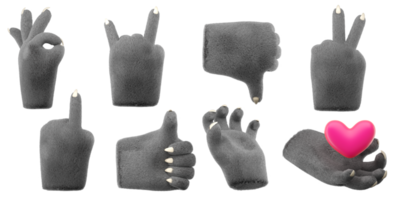 3d furry wolf hands set in plastic cartoon style. Different fingers  and palm gesture. Werewolf monster Halloween character palms. High quality isolated render png