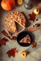 Homemade apple pie on a white background, top view, copy space photo