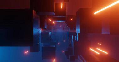 Abstract background using a fantasy environment theme with black metallic textured cube objects and red neon lights on the right, 3d rendering, and 4K size photo