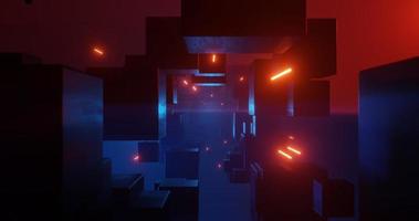Abstract background using fantasy environment theme with metallic black textured cube object and red neon light in the center, 3d rendering and 4K size photo