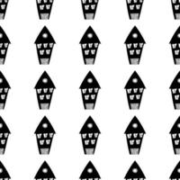 Pattern with houses in line art. Black Houses silhouette and outline seamless pattern with window and door. Endless print background texture. vector