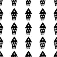 Pattern with houses in line art. Black Houses silhouette and outline seamless pattern with window and door. Endless print background texture. vector