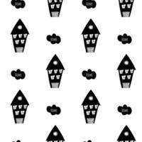 Hand drawn seamless pattern with doodle houses and cloud with text Home. Black and white buildings for kids, fabric, prints vector