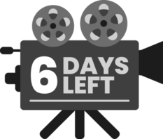 Faltam 6 dias para a contagem regressiva da data de lançamento no ícone monocromático do projetor de filme clássico antigo png