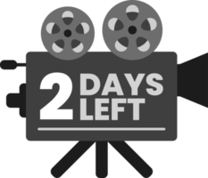 2 Tage verbleibender Countdown auf monochromem altem klassischem Filmprojektor-Symbol png