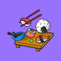 sushi y onigiri con ilustración de iconos de vector de dibujos animados de palillos. concepto de caricatura plana. adecuado para cualquier proyecto creativo.