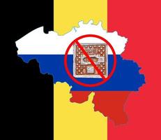 Outline map of Belgium with the image of the national flag. Manhole cover of the gas pipeline system on the flag of Russia inside the map. Collage. Energy crisis. photo