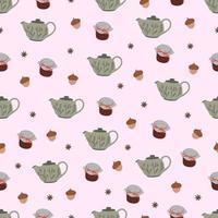 Seamless pattern with tea pot, jam and acorn on pink background. Collection of autumn elements. Hand drawn vector illustration. Background for fabric, textile, wallpaper, posters, gift wrapping paper