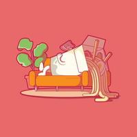 Ramen box character chilling on the couch vector illustration. Food, funny, brand design concept.