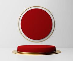 podio de pedestal de cilindro 3d realista en rojo oscuro y dorado con un fondo circular foto