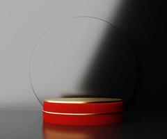 3d rendering podium for product display presentation on a contemporary dark red and gold cylinder pedestal photo