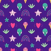 Seamless psychedelic background. Vaporwave 2000 Flower pattern. Wallpaper in style 90s. Printing on fabric and wrapping paper. vector