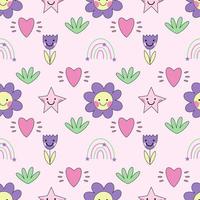 Seamless psychedelic background. Vaporwave 2000 Flower pattern. Wallpaper in style 90s. Printing on fabric and wrapping paper. Doodle set. vector