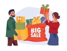 People with gifts. Girl and guy with a gift box. Christmas sale. Preparing for Christmas. Vector image.