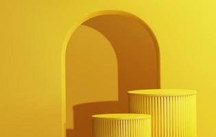 podio redondo con puertas semicirculares geométricas sobre fondo abstracto amarillo. ilustración 3d, representación 3d foto