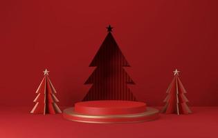 Round base podium, ball gold and red circle with tree for christmas and new year abstract background. 3d illustration, 3d rendering photo