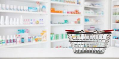 Empty shopping basket on pharmacy drugstore counter with blur shelves of medicine and vitamin supplements background photo