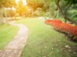 Walkway in the flowers garden blur background photo