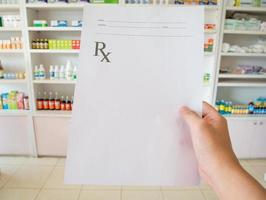 pharmacist with prescription at the pharmacy photo