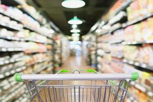 supermarket aisle and product shelves background with empty shopping cart photo