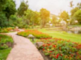 Walkway in the flowers garden blur background photo