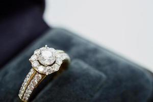 close up luxury wedding diamond ring in jewelry gift box photo