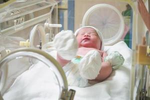 new born baby infant sleep in the incubator at hospital photo