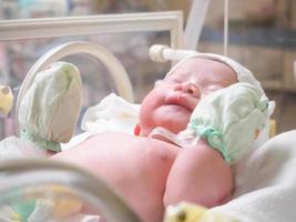 new born baby infant sleep in the incubator at hospital photo