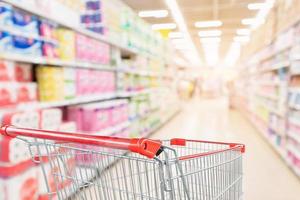 Empty shopping cart with abstract blur supermarket discount store aisle and product shelves interior defocused background photo