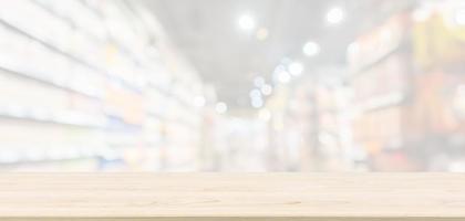 Empty Wood table top with supermarket grocery store aisle blurred defocused background with bokeh light for montage product display photo