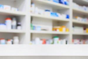 Pharmacy counter store table background with medicine shelves in drugstore photo